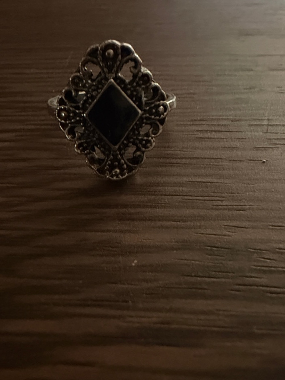 Vintage-Inspired Black Stone Filigree Ring - Unbranded